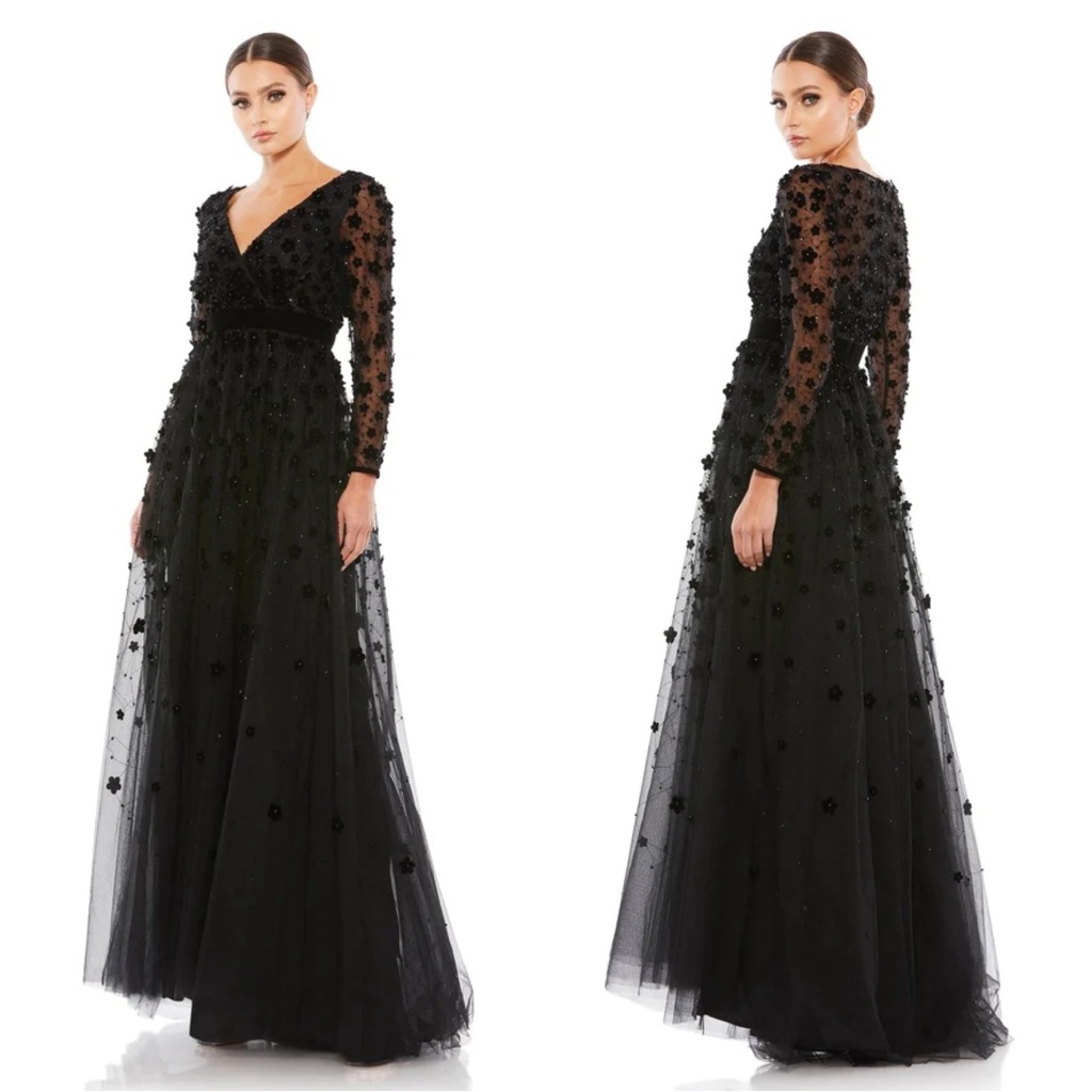 Mac Duggal 67502 Floral Appliqu V-Neck Evening Gown Size 4 Nwt Black